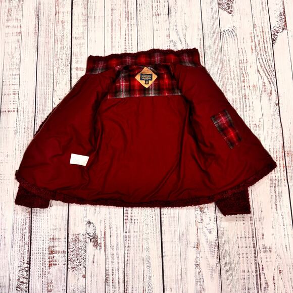 Pendleton Sherpa Teddy Fleece Jacket Womens M Burgundy Plaid Trim Full Zip Lined - Picture 3 of 10